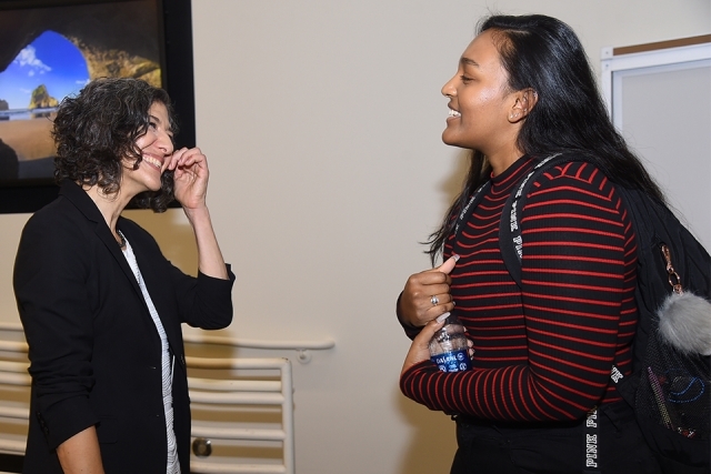 Attendee speaking with Dr. Rubio at SJU Annual Catholic Lecture 