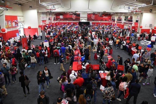 Overhead view of academic fair floor at Taffner Field House