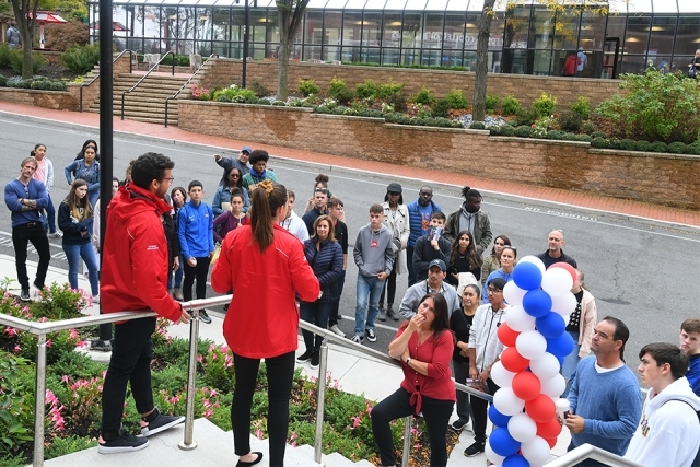 SJU student ambassadors talking on a campus tour