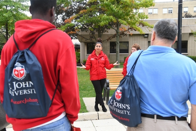 View from behind crowd on campus tour