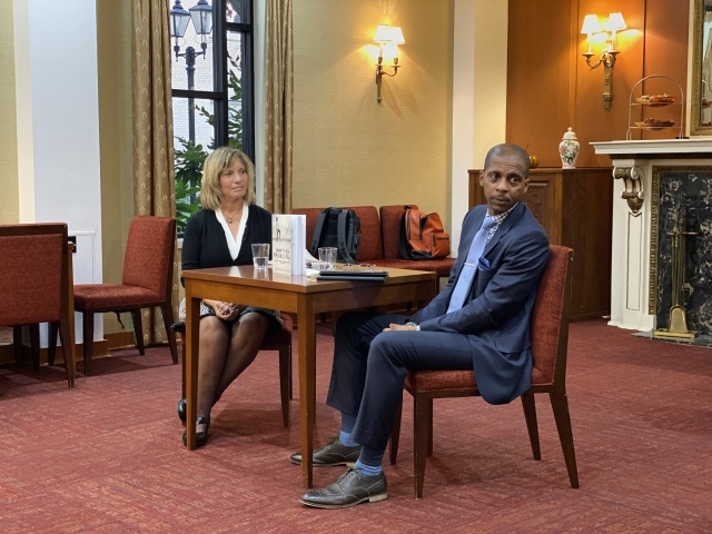 Reginald Landeau Jr. '12Ed.D. facilitates book discussion with Joyce Montalbano, '69Ed Ed.D.