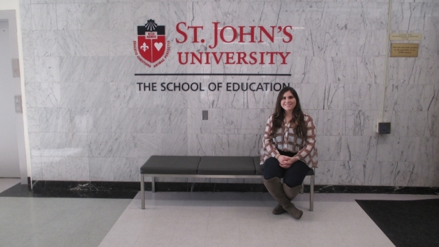 Student in the Spotlight, Nicole Rodriguez is pictured in the Lobby of Sullivan Hall on the Queens campus.