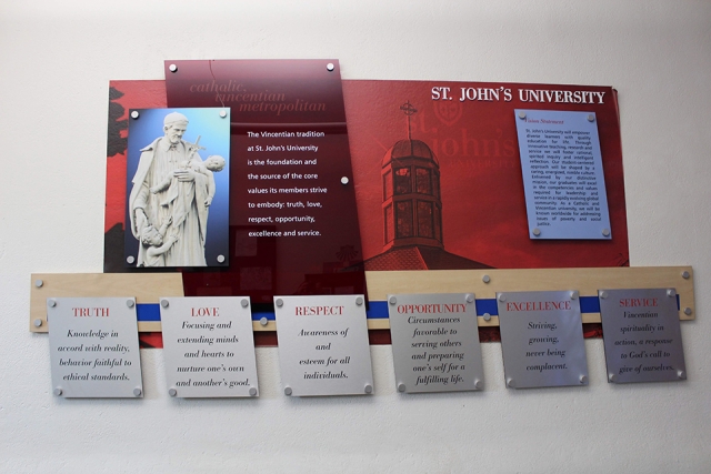 St. John's Core Values displayed on wall