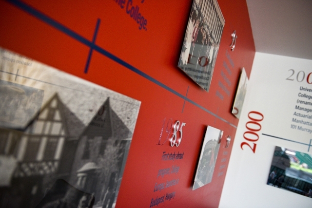 Timeline of St. John's University on a red wall