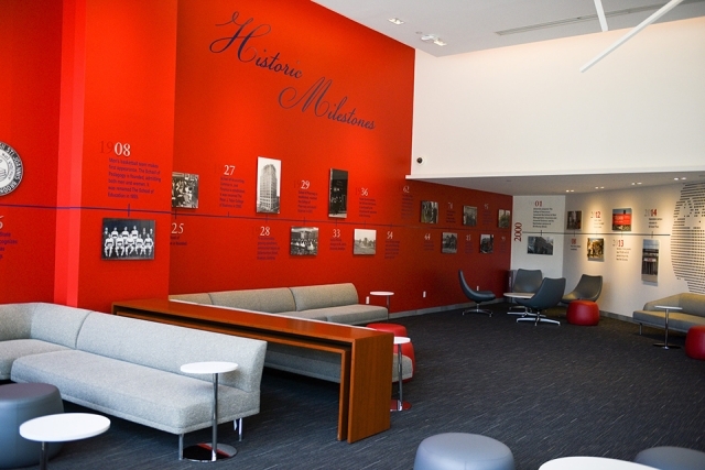 Timeline of St. John's University on a red wall