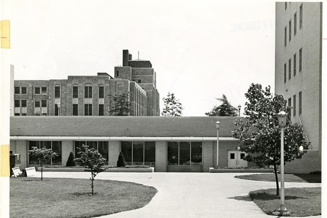 Black and white photo of Lourdes Hall 