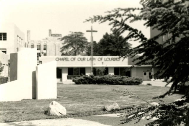 Black and white photo of Lourdes Hall