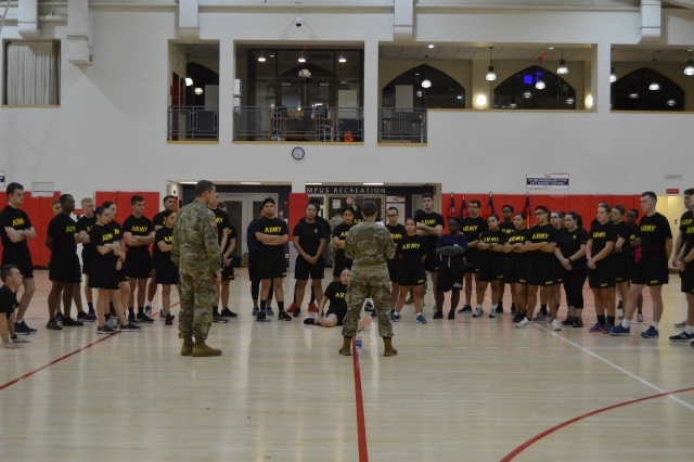 Cadets receive final instructions before beginning their Army Physical Fitness Test (APFT). The APFT is used to measure muscular/cardiovascular strength and endurance. (circa Fall 2019)