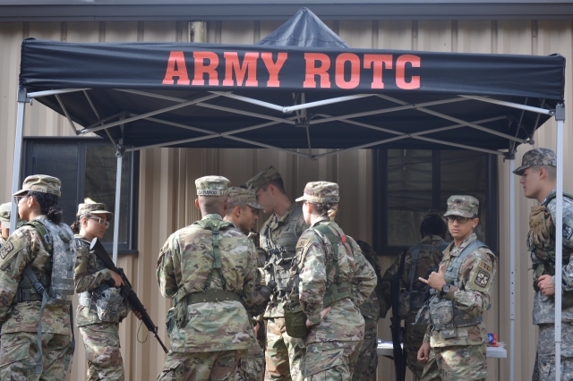 Cadets are issued their individual rifle as they begin their participation in a Field Training Exercise (FTX). FTXs are used to reinforce skills and competencies in an austere training environment. (circa Fall 2019)
