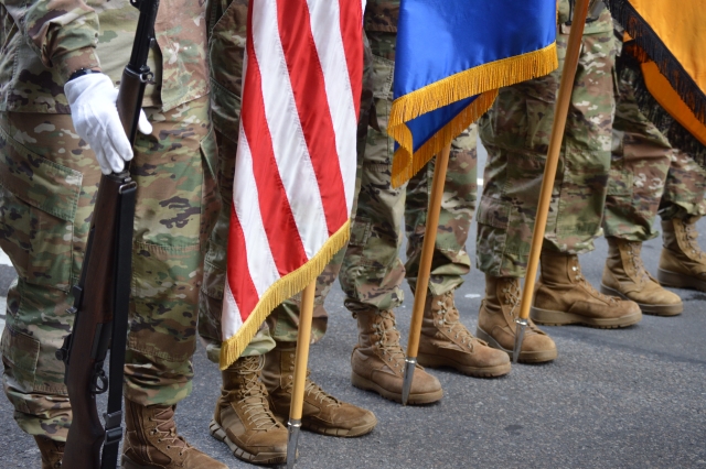 Cadets in the Red Storm Battalion Color Guard march with the U.S., Army, and battalion flags during the NYC Veterans Day Parade. St. John’s cadets participate in many high-profile events like the Tunnel to Towers 5K Walk and Run, Army Ten-Miler, and NYC St. Patrick’s Day Parade to name a few. (circa Fall 2019)