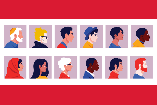 Profile of 21 peoples heads in boxes