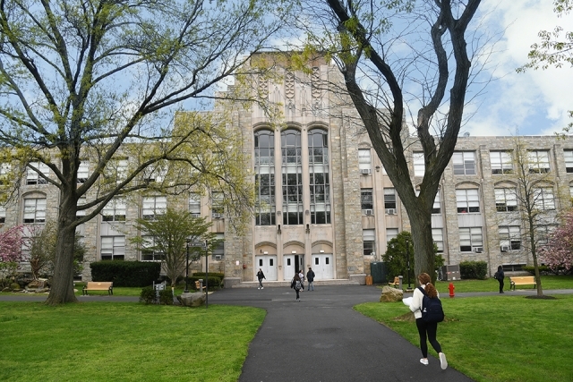 Front of St. John Hall in springtime