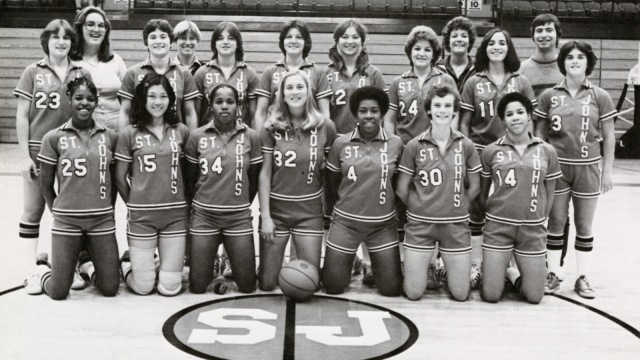 The Women's Basketball team posing in Alumni Hall for their 1977 Vincentian yearbook photograp