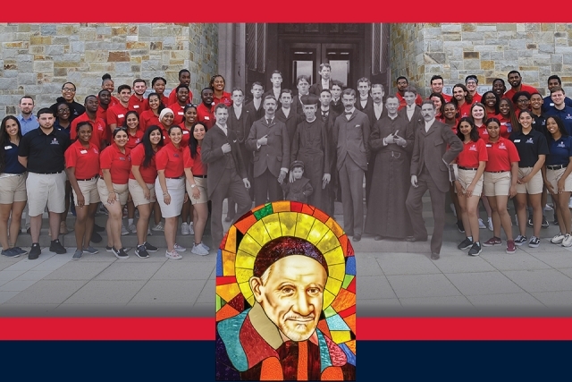 Graphic of St. John's students with St. Vincent de Paul