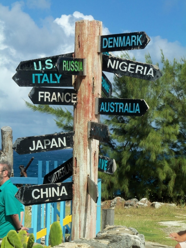 Street sign pointing to countries around the world