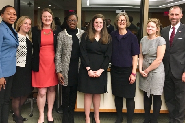 Rose DiMartino '81 third from right stands with St. John's Law students, alumnae, and Dean Michael A. Simons at a 2018 Women's Law Society event
