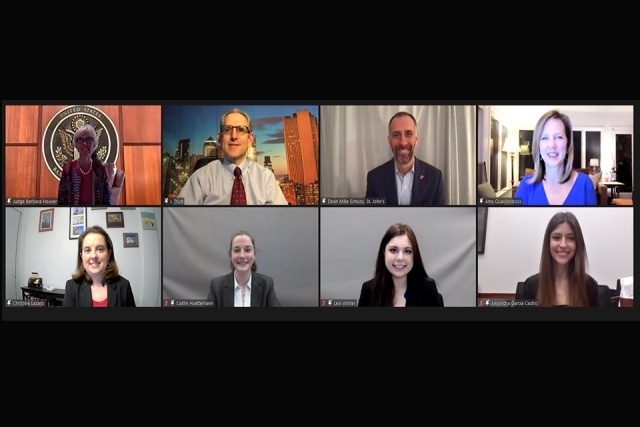 2021 Duberstein Bankruptcy Moot Court Competition winners and judges on Zoom with St. John's law Dean Michael A. Simons and Professor Christine Lazaro