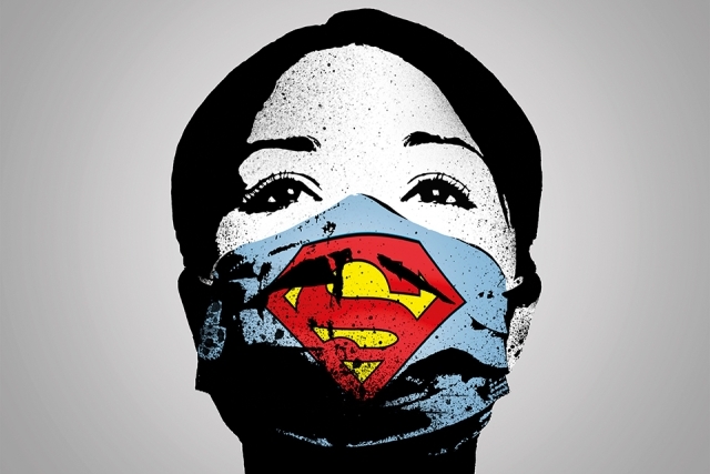 Black and white graphic of a nurse with a colorful face mask with Superman logo on it