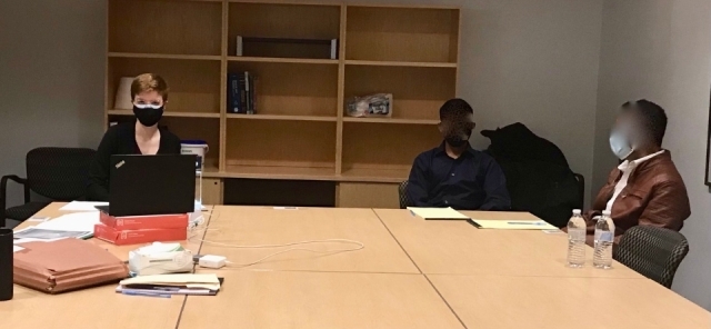 st. john's law student Sam Gagnon and clients at their virtual court hearing