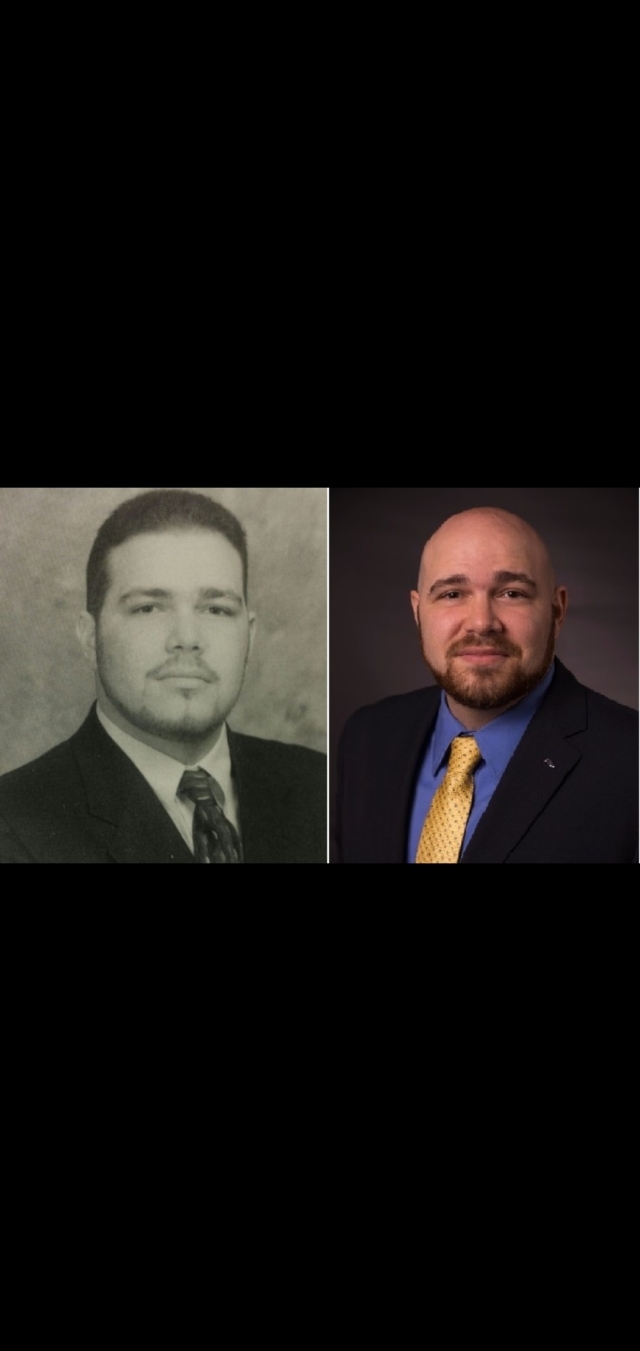 Alumni Efren Gonzalez '98SVC, '00CPS picture from 200 yearbook and recent picture side by side  