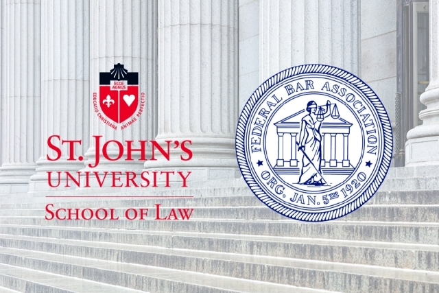 Courthouse pillars with St. John's School of Law and Federal Bar Association logos overlayed
