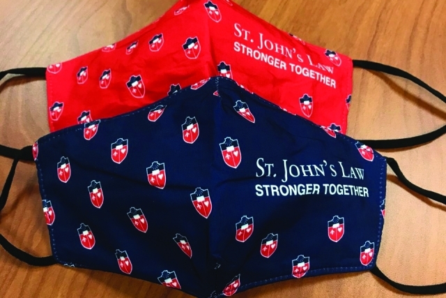 blue and red St. John's Law face masks 