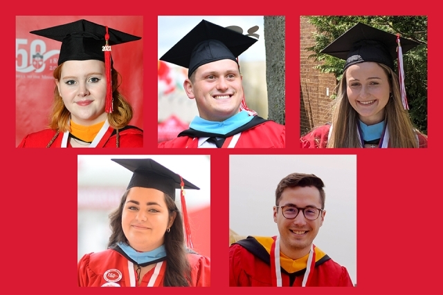 Five President's Society grads against a red background