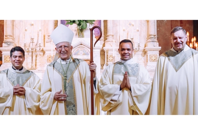 Rev. Erik Sanchez, C.M. ’16C; The Most Reverend Alfonso Cabezas, C.M., Bishop Emeritus of Villavicencio, Colombia; Deacon Walner Diaz, C.M. ’17C; and Very Rev. Stephen M. Grozio, C.M., Provincial Vice Chair of the St. John’s University Board of Trustees and Provincial Superior of the Eastern Province of the Congregation of the Mission