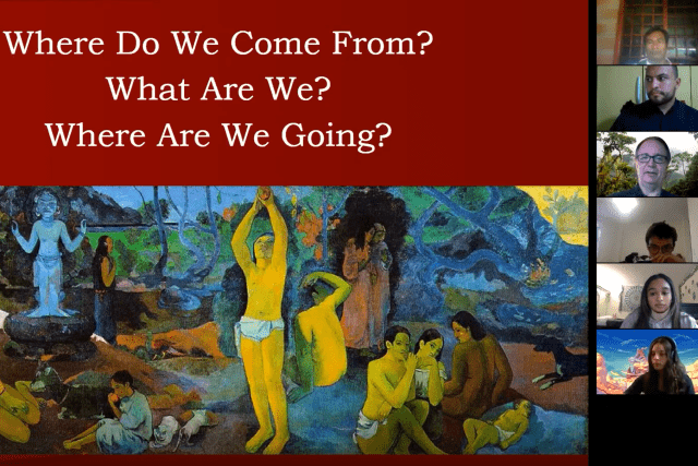 Illustration with text against red background reading "Where Do We Come From? What Are We? Where Are We Going?" with vertical panel of Zoom chat frames on right hand side