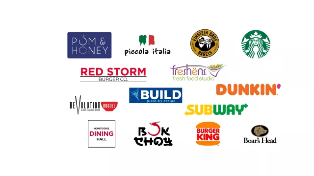 A collage of logos including Pom & Honey, Piccola Italia, Red Storm Burger Go, Build Pizza by Design, Revolution Noodle, Montgoris Dining Hall, Bow Choy, Einstein Bros Bagels, Starbucks, Freshens, Dunkin, Subway, Burger King, Boars' Head