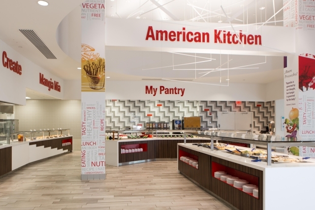 Montgoris Dining Hall.  Featuring American Kitchen, My Pantry, Mangia Mia, Create and word clouds on the beams. 