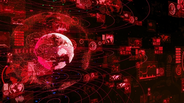 red graphic of a globe, rings and other holographic elements