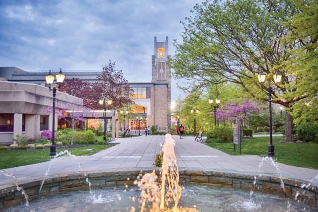 St. John's University fountain in front of D’Angelo Center.