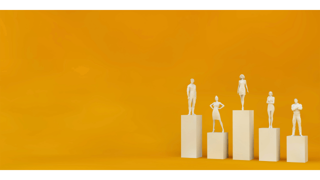 Graphic with figurines standing on blocks against orange background