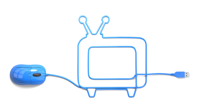blue computer mouse with wire arranged to resemble a TV