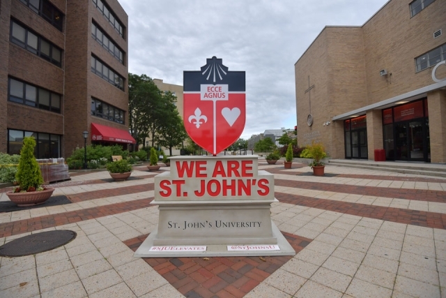 St. John's Crest statue in front of Carnesecca Arena