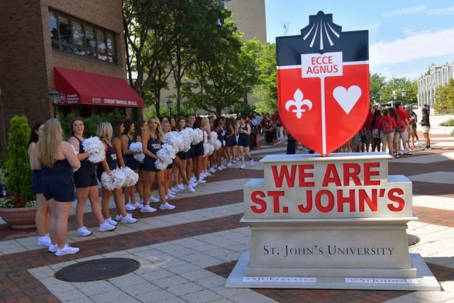 St. John's crest statue outside of Carnesecca Arena