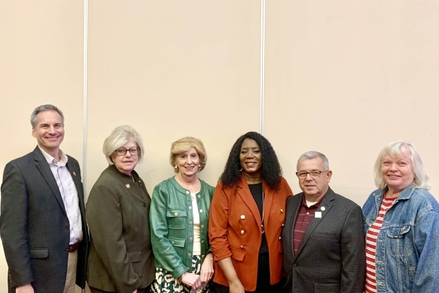 From left: James D. Wolfinger, Ph.D., Dean, The School of Education; Mary Carole Schafenberg, Member, Dean’s Advisory Board; Anna Maria Montuori, Chair, Dean’s Advisory Board; Natalie McGee, Keynote Speaker; Vincent G. Maita, Member, Dean’s Advisory Board; and Anna R. Lukachik, Member, Dean’s Advisory Board
