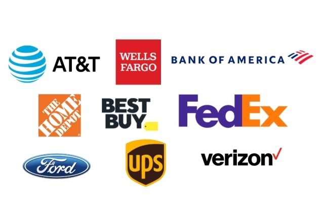 AT&T, Bank of America, Wells Fargo, The Home Depot, Best Buy, Fedex, Ford, UPS and Verizon. 