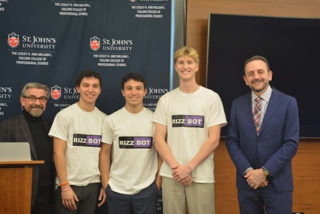 Maxwell Wozniak, Joseph Huseman, and Mitchell Wozniak, 3rd place winners of the For-Profit Division for Rizzbot, along with Dr. Luca Iandoli, Interim Dean, CCPS, and Professor, Division of Computer Science, Mathematics, and Science, and Carmine P. Gibaldi, Ed.D. ’77C, ’79MBA, Professor, Administration and Economics