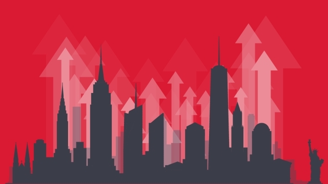 Image of the skyline as line art and arrows pointing up