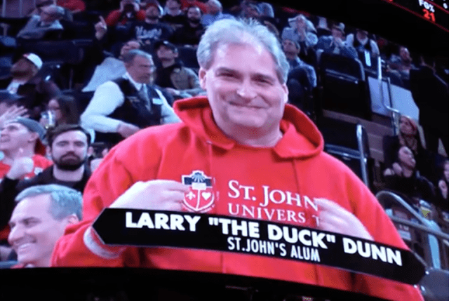 Larry the Duck in a St. John's University sweatshirt on the jumbotron at MSG