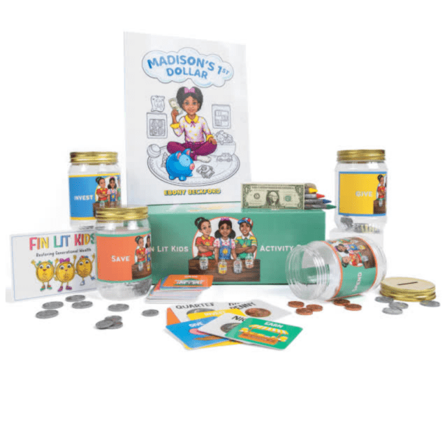 Fin Lit kids money box featuring toys that teach financial literacy 
