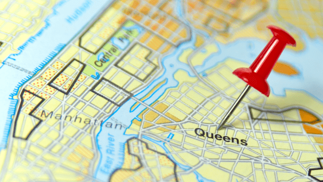 Map of New York City with Red thumbnail pointing to Queens
