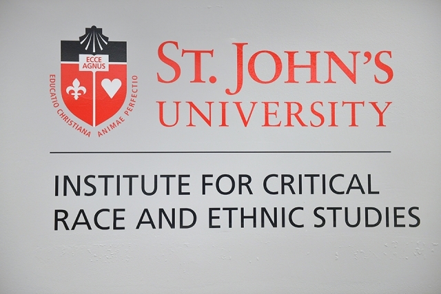 St. John's Logo with "Institute for Critical Race and Ethnic Studies" underneath it