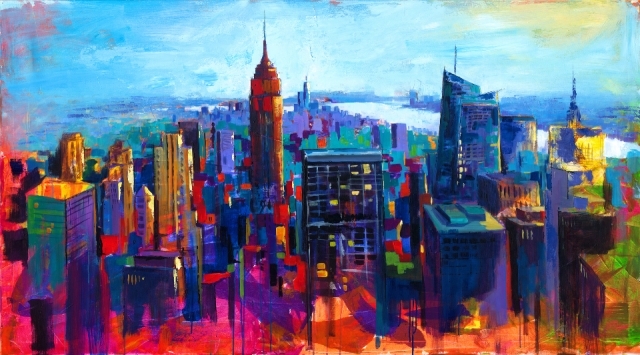 Colorful watercolor rendering of the New York City skyline.