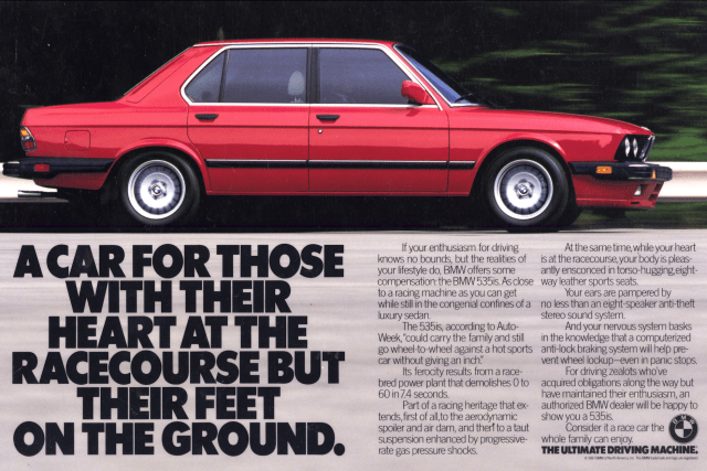 BMW Ad featuring a red card.  Text: A car for those with their heart at the race course but their feet on the ground.  