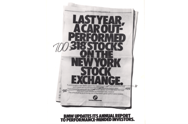 An old newspaper ad with BMW Updates. Text: Last Year, A Car Out-Performed 700 Stocks on the New York Stock Exchange.  
