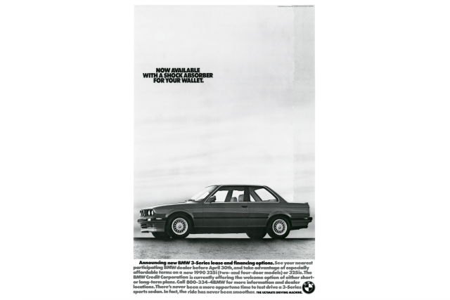 BMW black and white ad featuring the 3 series car. Headline: Now Available With a Shock Absorber for your Wallet. 