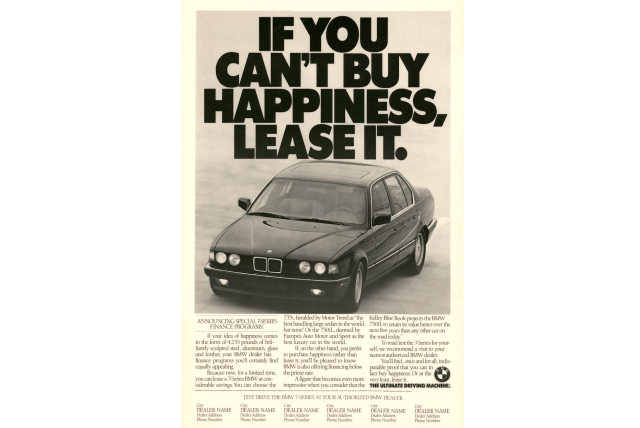 If You Can't Buy Happiness Lease It.  Black and white newspaper ad of BMW car.  